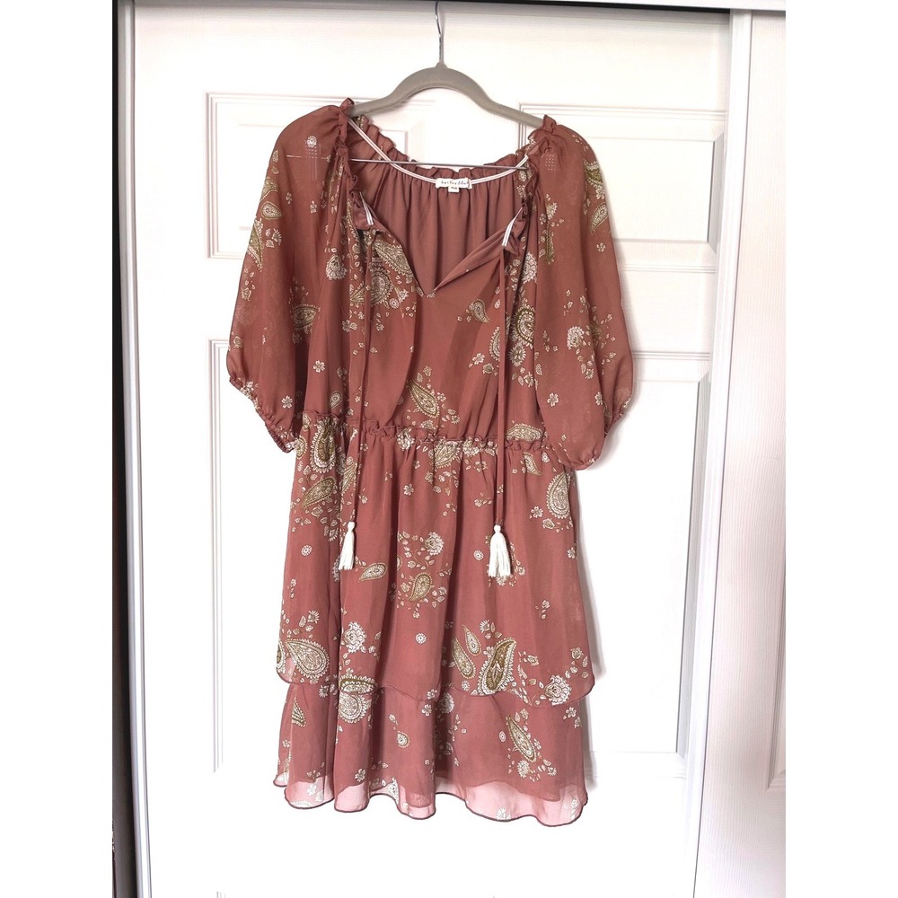 Bailey Blue Women Mauve Paisley Chiffon Tiered Ruffle Peasant Dress Large